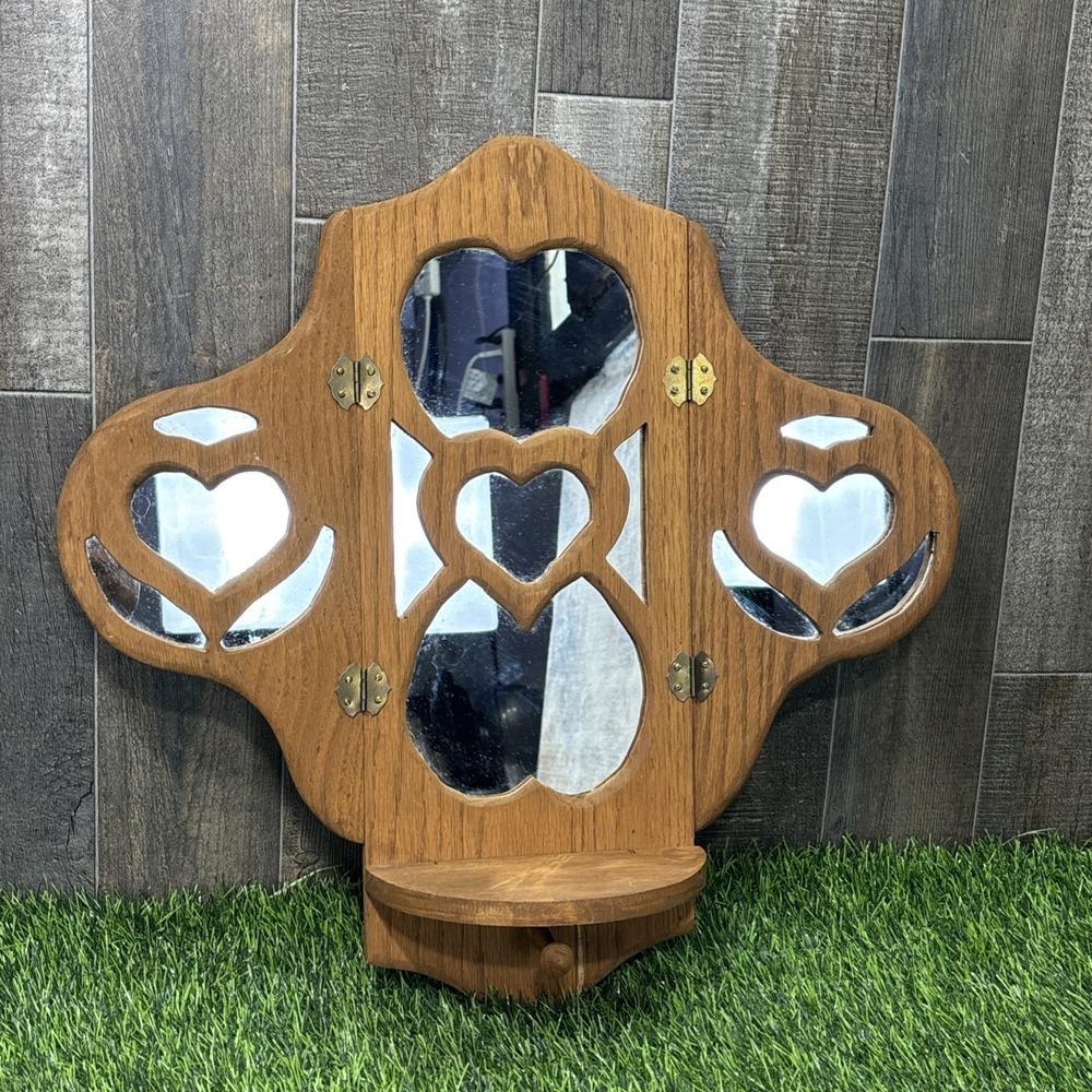 Vintage Wood Wall Mirror Shelf Heart Cutout MCM Cottage Decor Glass